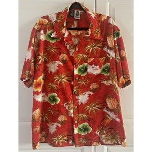 Kennington Ltd Hawaiian Shirt Size XL Red w Floral Pineapples and Drums Unisex